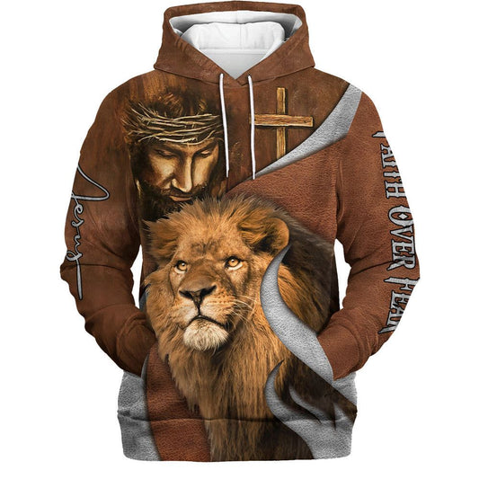 Uni Faith Over Fear Lion And God Hoodies Men & Women, God 3D Printed Hoodie, Christian Apparel Hoodies