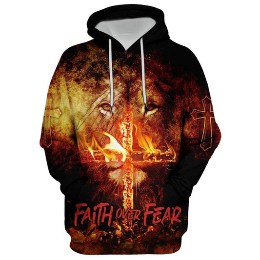 Uni Faith Over Fear Lion Christian Cross Hoodies Men & Women, God 3D Printed Hoodie, Christian Apparel Hoodies