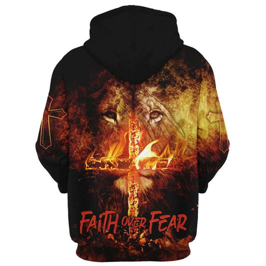 Uni Faith Over Fear Lion Christian Cross Hoodies Men & Women, God 3D Printed Hoodie, Christian Apparel Hoodies