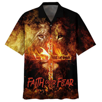 UniJames Faith Over Fear Lion Cross Hawaiian Shirts - Christian Hawaiian Shirt - Hawaiian Shirts For Men