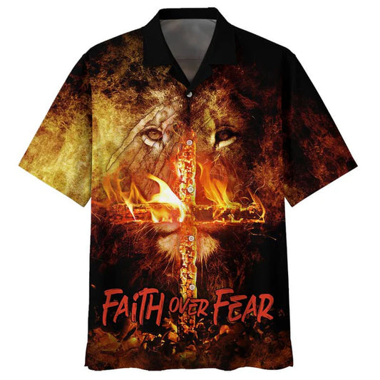 UniJames Faith Over Fear Lion Cross Hawaiian Shirts - Christian Hawaiian Shirt - Hawaiian Shirts For Men