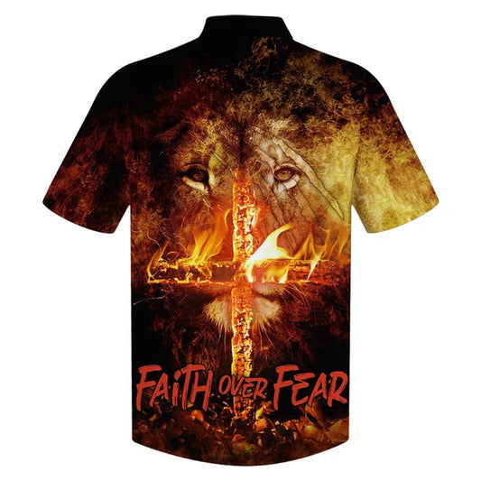 UniJames Faith Over Fear Lion Cross Hawaiian Shirts - Christian Hawaiian Shirt - Hawaiian Shirts For Men
