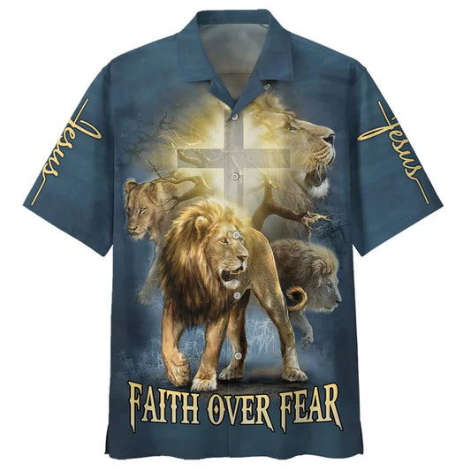 UniJames Faith Over Fear Lion Hawaiian Shirts - Christian Hawaiian Shirt - Hawaiian Shirts For Men