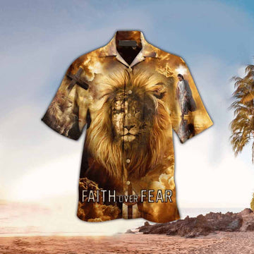 UniJames Faith Over Fear Lion Hawaiin Shirt - Christian Hawaiin Shirt For Men & Women