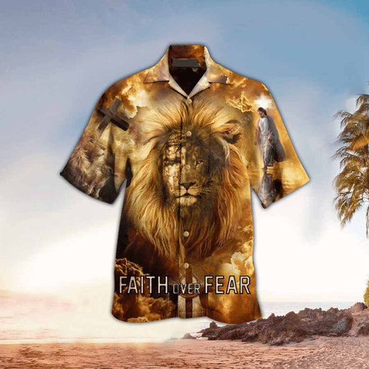 UniJames Faith Over Fear Lion Hawaiin Shirt - Christian Hawaiin Shirt For Men & Women