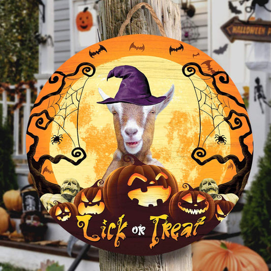 Uni Goat Lick Or Treat Round Wooden Sign