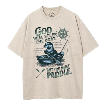 God Will Steer The Boat Christian Washed TShirt  