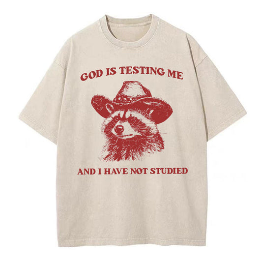 God's Testing Me Funny Raccoon Christian Washed T-Shirt Sale - GuidingCross