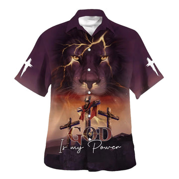 UniJames God Is My Power Lion Three Cross Hawaiian Shirts For Men - Christian Hawaiian Shirt - Hawaiian Summer Shirts