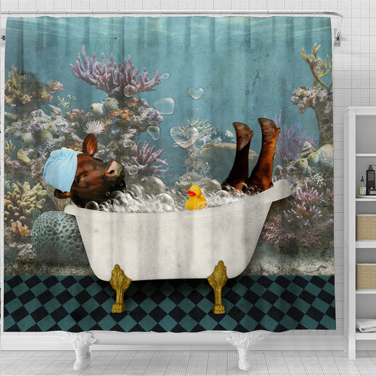 Uni Beefmaster Taking Shower Under The Sea 3D Shower Curtain