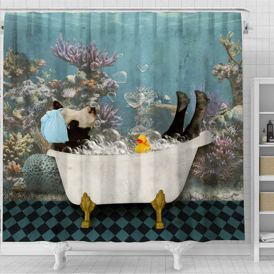 Joy Corners Black Uni Baldy Taking Shower Under The Sea 3D Shower Curtain