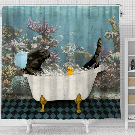 Uni Black Horse Taking Shower Under The Sea 3D Shower Curtain