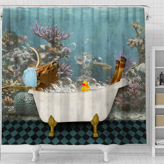 Uni Texas Longhorn Taking Shower Under The Sea 3D Shower Curtain