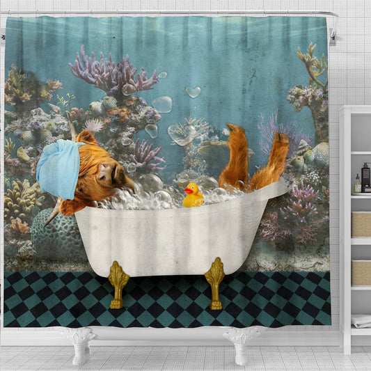 Uni Highland Cattle Taking Shower Under The Sea 3D Shower Curtain