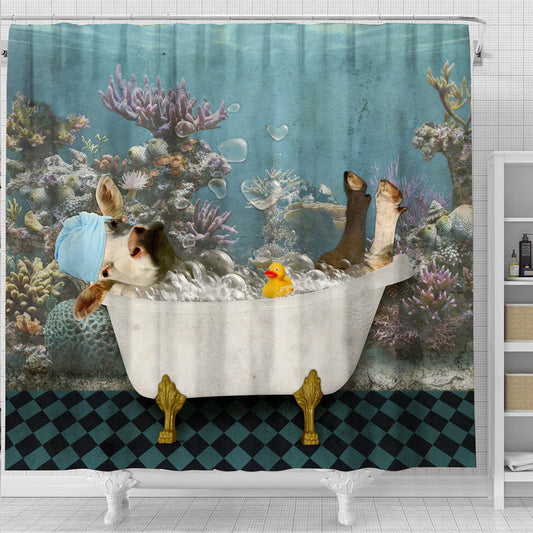 Uni Charolais Taking Shower Under The Sea 3D Shower Curtain