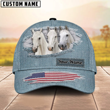 Uni White Horses Jeans Pattern Customized Name Cap