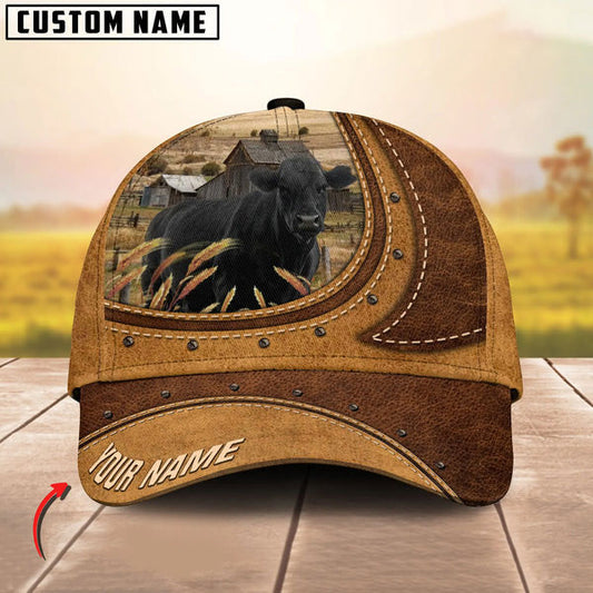 Uni Black Angus On The Farm Customized Name Brown Leather Pattern Cap