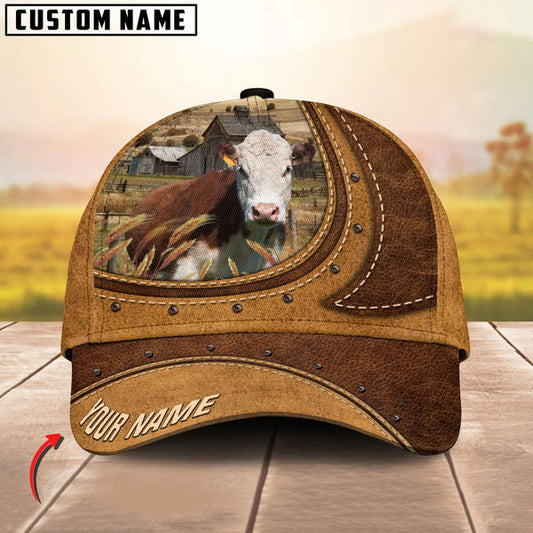 Uni Hereford On The Farm Customized Name Brown Leather Pattern Cap