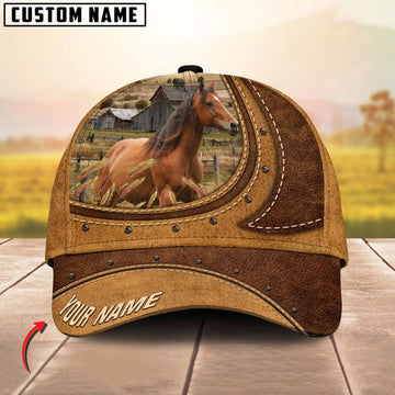 Uni Horse On The Farm Customized Name Brown Leather Pattern Cap