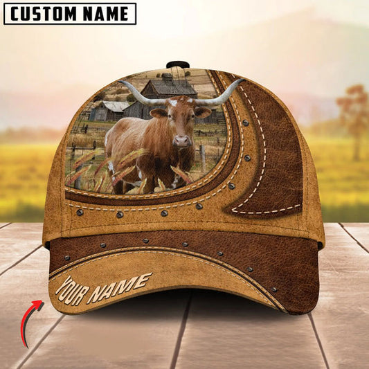 Uni Texas Longhorn On The Farm Customized Name Brown Leather Pattern Cap