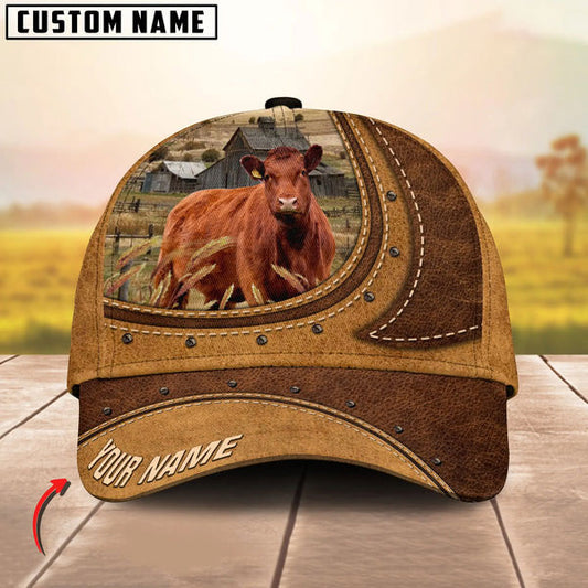 Uni Red Angus On The Farm Customized Name Brown Leather Pattern Cap