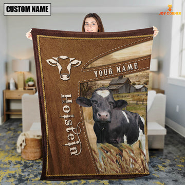 Uni Personalized Name Holstein Farm Leather Brown Blanket