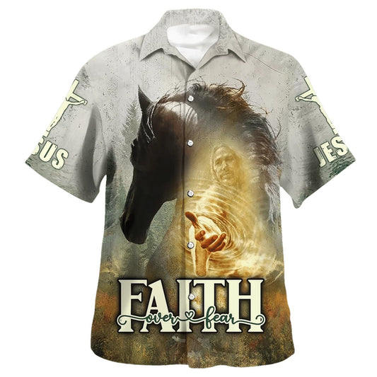 UniJames Horse And Jesus Faith Over Fear Hawaiian Shirt - Christian Hawaiian Shirt - Religious Hawaiian Shirts