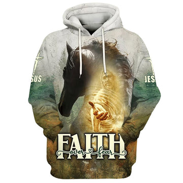 Uni Horse And Jesus Faith Over Fear Hoodies Jesus Hoodie Men & Women, God 3D Printed Hoodie, Christian Apparel Hoodies
