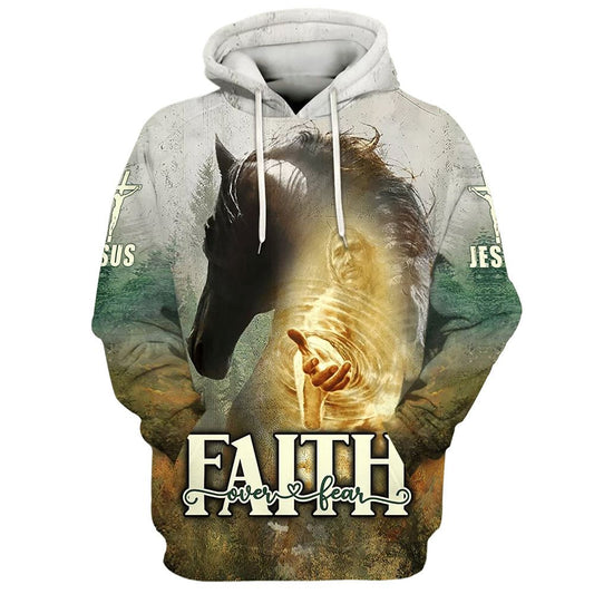Uni Horse And Jesus Faith Over Fear Hoodies Jesus Hoodie Men & Women, God 3D Printed Hoodie, Christian Apparel Hoodies