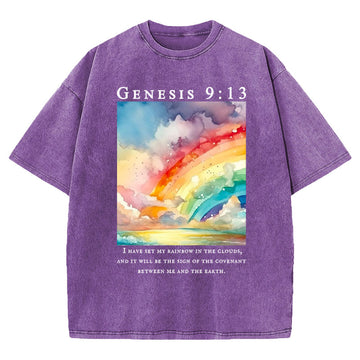 I Have Set My Rainbow In The Clouds Christian Washed T-Shirt Sale - GuidingCross