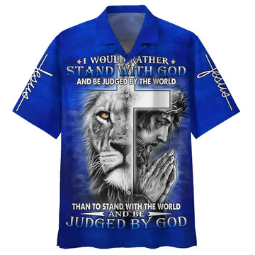 UniJames I Would Rather Stand With God Hawaiian Shirt For Men - Jesus And The Lion Hawaiian Shirts - Christian Hawaiian Shirt