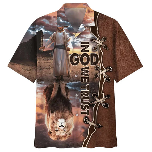 UniJames In God We Trust Jesus And Lion Hawaiian Shirts - Christian Hawaiian Shirt - Hawaiian Shirts For Men