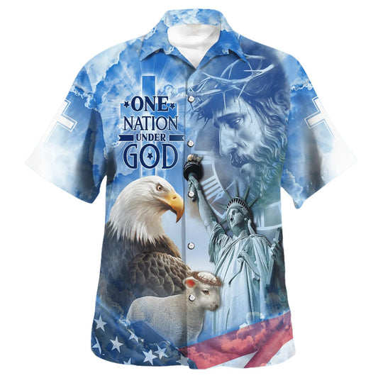 UniJames Jesus And Eagle One Nation Under God Hawaiian Shirt - Christian Hawaiian Shirt - Religious Hawaiian Shirts