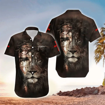 UniJames Jesus And Lion Gray Hawaiian Shirt - Christian Hawaiian Shirt for Men Women