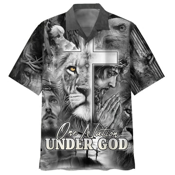 UniJames Jesus And The Lion Of Judah Hawaiian Shirt For Men - One Nation Under God Hawaiian Shirts - Christian Hawaiian Shirt