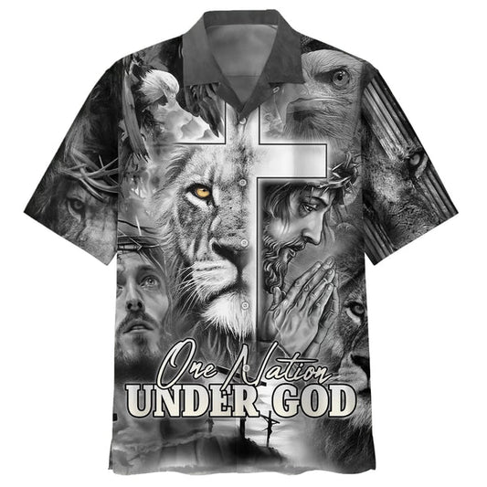 UniJames Jesus And The Lion Of Judah Hawaiian Shirt For Men - One Nation Under God Hawaiian Shirts - Christian Hawaiian Shirt