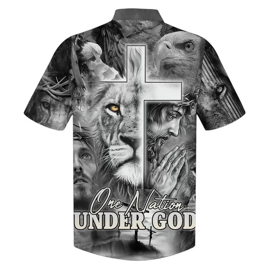 UniJames Jesus And The Lion Of Judah Hawaiian Shirt For Men - One Nation Under God Hawaiian Shirts - Christian Hawaiian Shirt