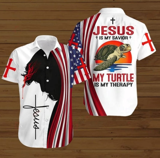 UniJames Jesus Bible Cross Jesus Is My Savior My Turtle Is My Therapy Hawaiian Shirt - Christian Hawaiian Shirts For Men & Women