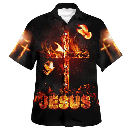 UniJames Jesus Burning Fire Cross Hawaiian Shirts For Men And Women - Christian Hawaiian Shirt - Hawaiian Summer Shirts