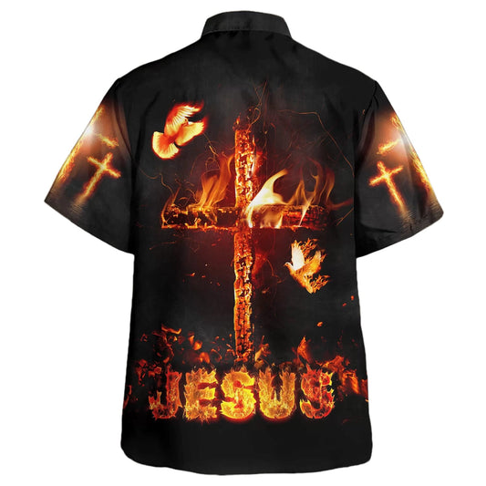 UniJames Jesus Burning Fire Cross Hawaiian Shirts For Men And Women - Christian Hawaiian Shirt - Hawaiian Summer Shirts