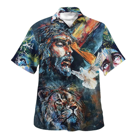 UniJames Jesus Christ Lion And Dove Hawaiian Shirts For Men - Christian Hawaiian Shirt - Hawaiian Summer Shirts