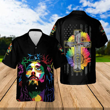 UniJames Jesus Christ Sunflower Colorful Hawaiian Shirts - Religious Hawaiian Shirts - Hawaiian Christian For Men Women