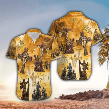 UniJames Jesus Cross Statue Yellow Hawaiian Shirt - Christian Hawaiian Shirt for Men Women