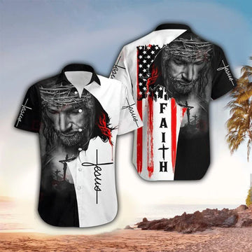 UniJames Jesus Face Faith American Flag Hawaii Shirt - Christian Hawaiian Shirt for Men Women