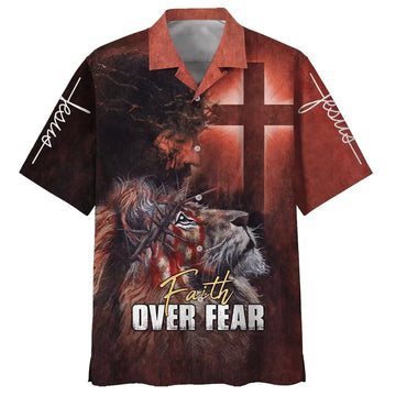 UniJames Jesus Faith Over Fear Lion Cross Hawaiian Shirt - Best Hawaiian Shirts - Christian Hawaiian Shirt