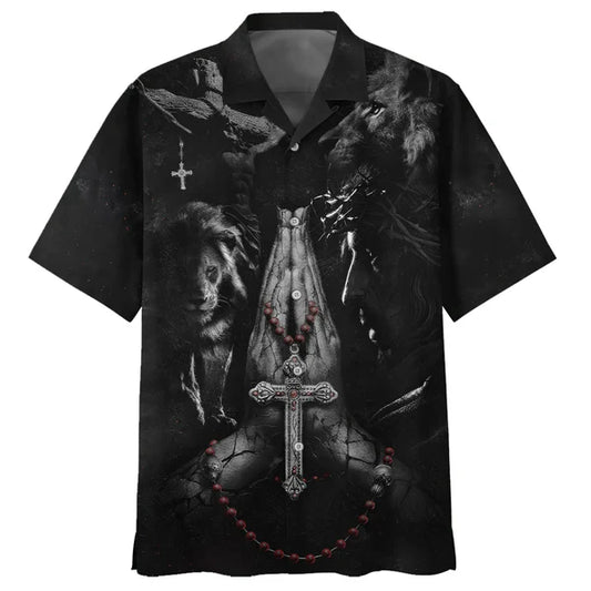 UniJames Jesus Hands Praying Lion Hawaiian Shirts - Christian Hawaiian Shirt - Hawaiian Shirts For Men