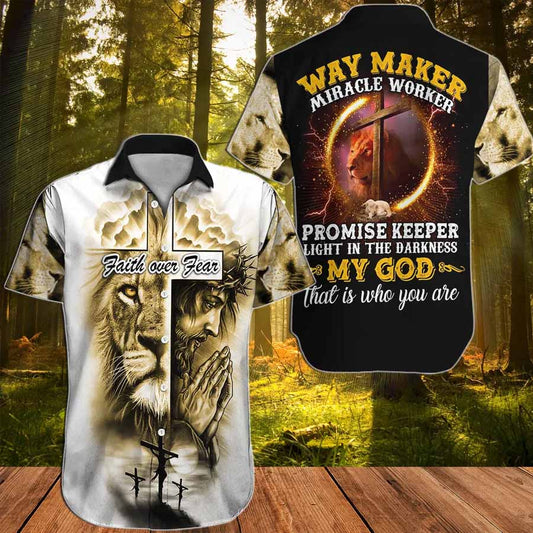 UniJames Jesus Hawaiian Shirt - Faith Over Fear Way Maker Miracle Worker Jesus Lion Cross Hawaiian Shirt