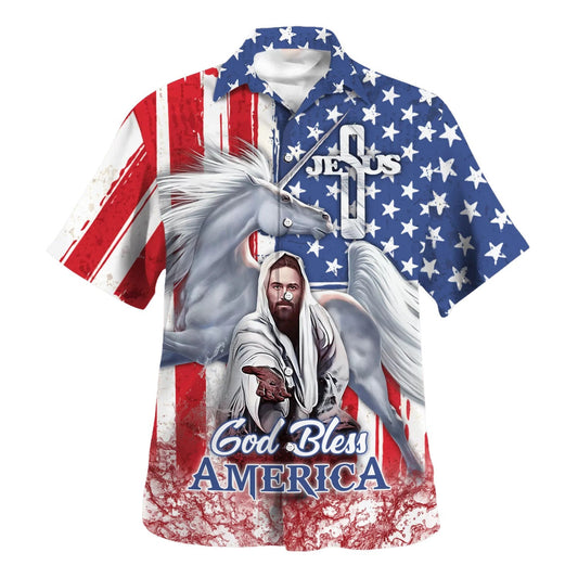 UniJames Jesus Horse God Bless America Hawaiian Shirt - Christian Hawaiian Shirt - Best Hawaiian Shirts
