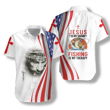 UniJames Jesus Is My Savior Fishing Is My Therapy Hawaiian Shirt - Christian Hawaiian Shirt for Men Women