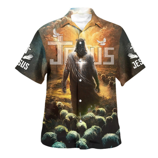 UniJames Jesus Leading Sheep Hawaiian Shirts For Men & Women - Christian Hawaiian Shirt - Hawaiian Summer Shirts